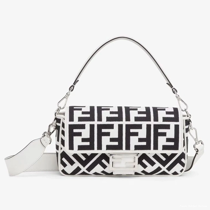 FF White In Black Baguette Medium Motif Bag Canvas Fendi 0715